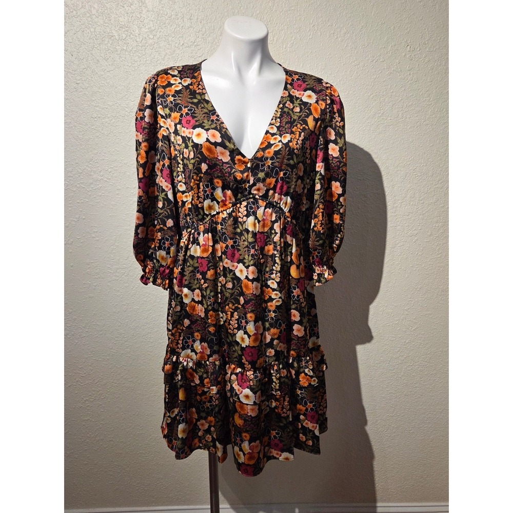 Melonie T Floral V-Neck Mini Dress Black Orange Tiered Empire Waist Womens 16